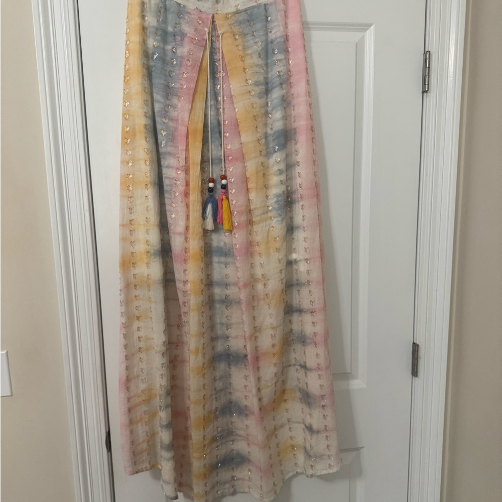 En Creme Pastel Striped Maxi Skirt with Tassels